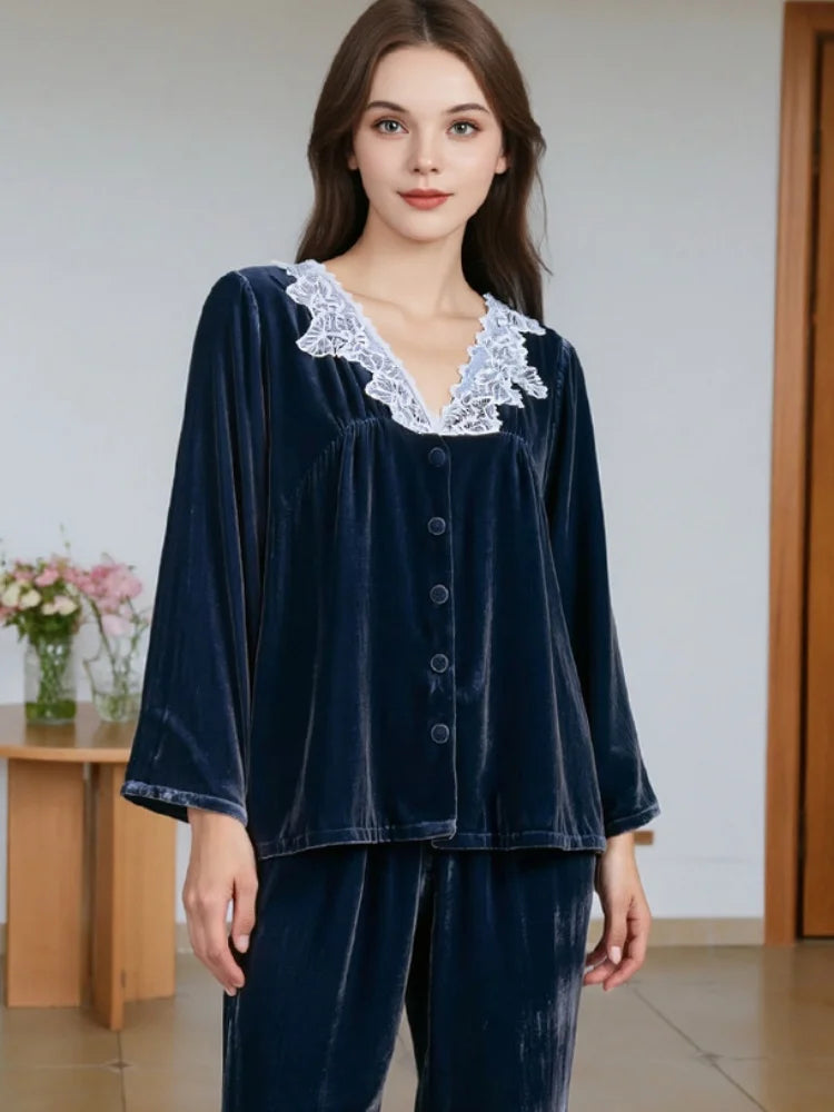 Minimalist & Elegant BirdTree Silk & Velvet Pajama Set Loran
