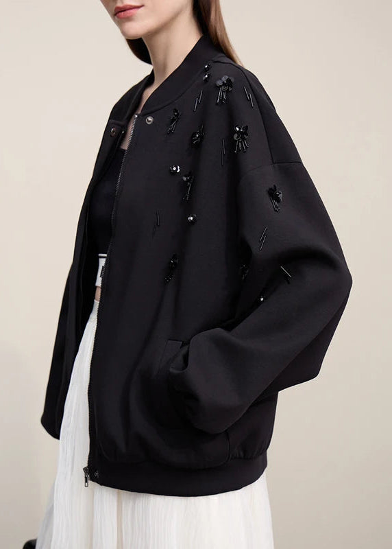 Amii Women's Jacket 2026 Spring New Stand Collar Beads Flower Versatile Jacket Women Loose Drop Long Sleeve Zipper Top 12611015 Loran