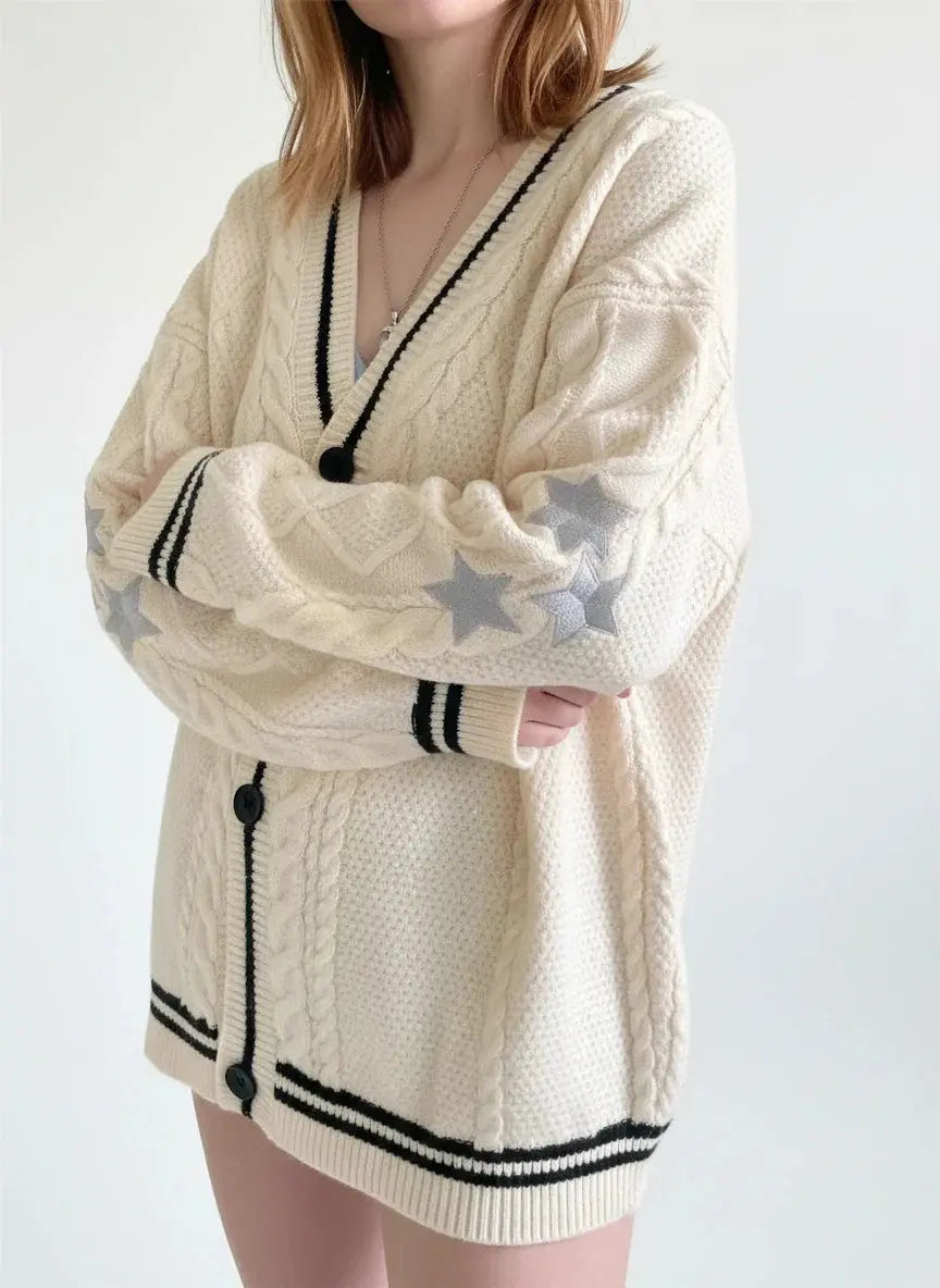 Vintage Star-Embroidered Oversized Cardigan Sweater - Loran