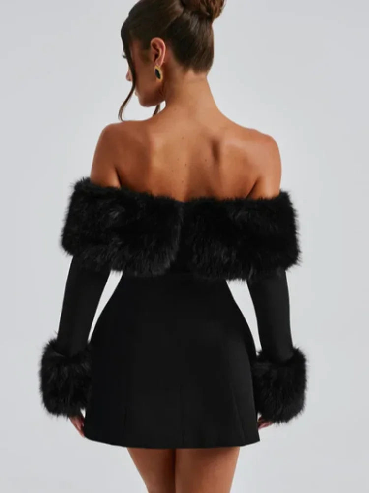 Elegant Fluffy Fur Collar Mini Dress for Ladies' Nights Out