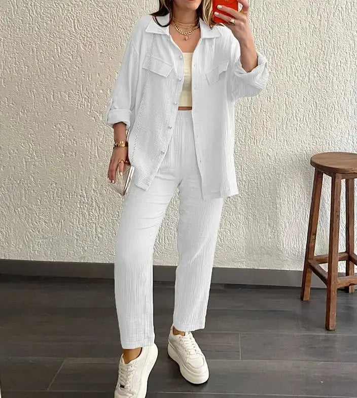 Casual Loose Shirt & Cropped Pants Set for Women - Loran