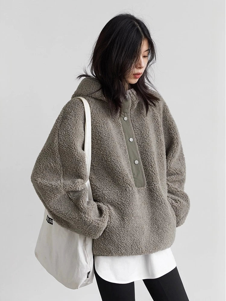 Hooded Granular Fleece Jacket Loose Casual Short Coat Loran