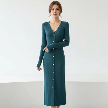 Slim-Fit V-Neck Sweater Dress - Loran