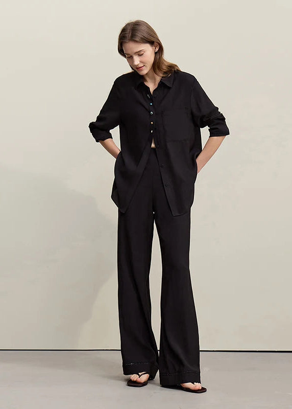 Amii Women's Pants 2026 Spring New Simple Splicing Hollow Lace Wide-leg Pants Women's Casual Loose Solid Color Trousers 12641015 Loran