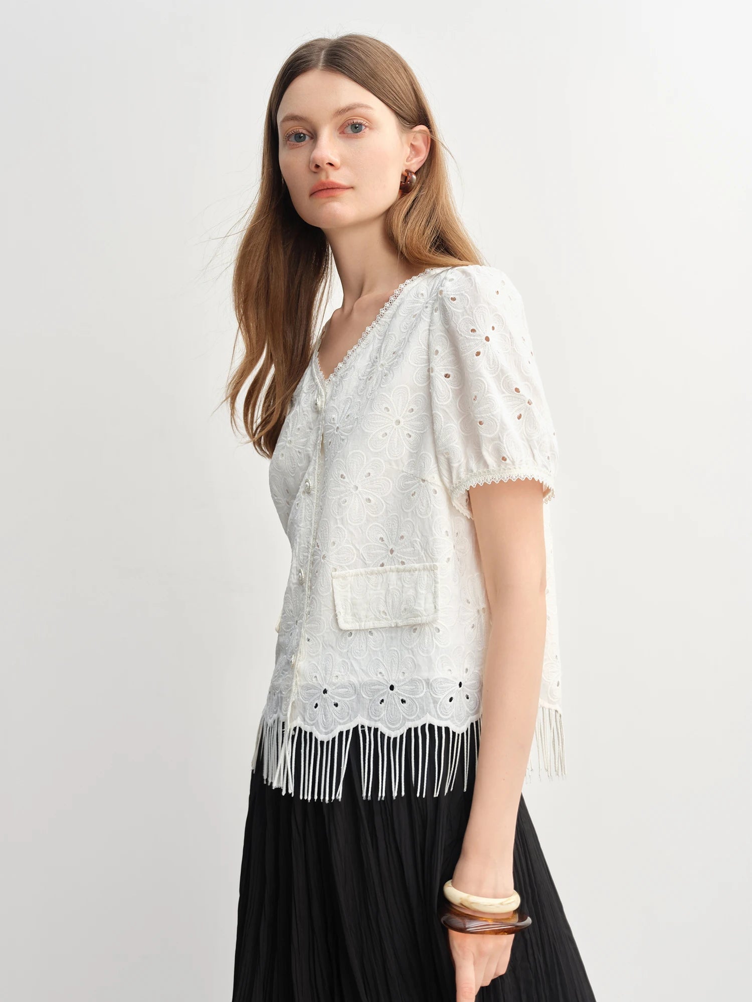 White Lace Embroidery Chic Summer Shirt Tassel Detail Loran