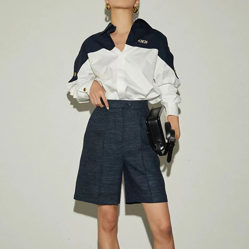 Contrast Patchwork Long-Sleeve Blouse