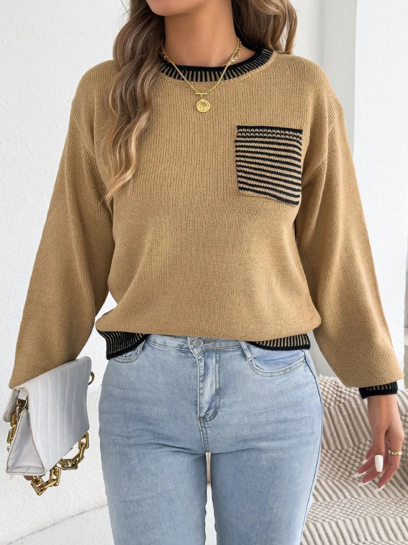 Chic Striped Color Block Knitted Top with Pockets - Lantern Sleeve Style - Loran