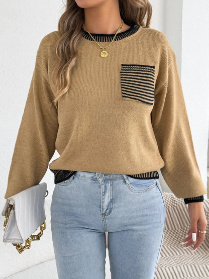 Chic Striped Color Block Knitted Top with Pockets - Lantern Sleeve Style - Loran