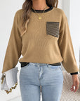 Chic Striped Color Block Knitted Top with Pockets - Lantern Sleeve Style