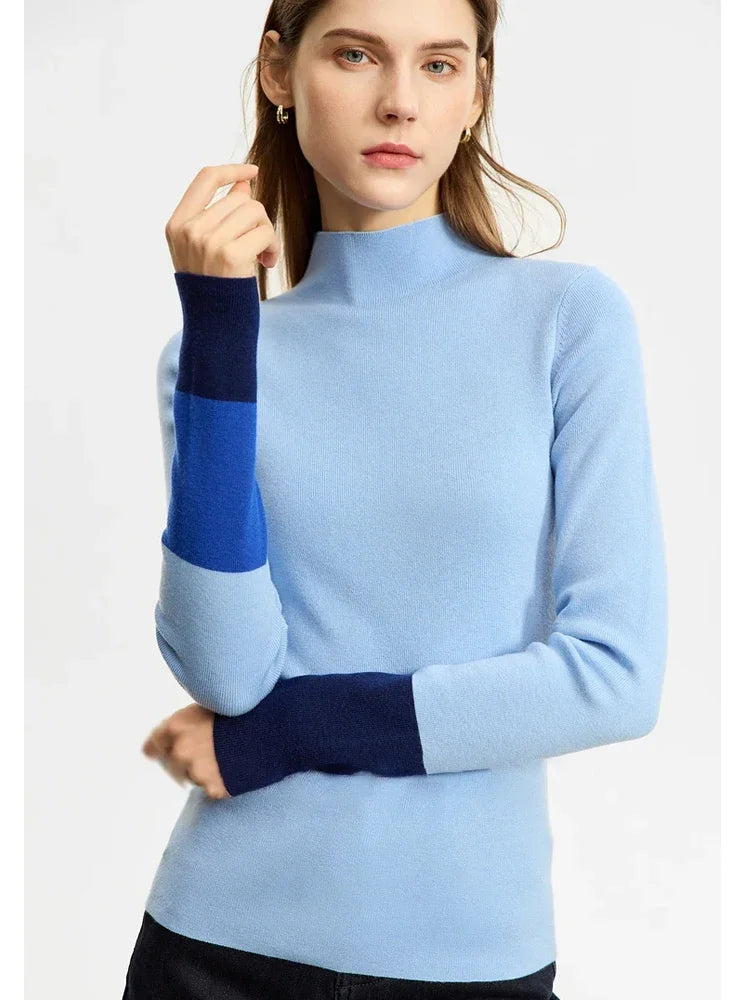 AMII Minimalist 2025 Winter New Sweaters for Women Office Lady Basics Half High Collar Color Contrast Slim Pullovers 12324067 Loran