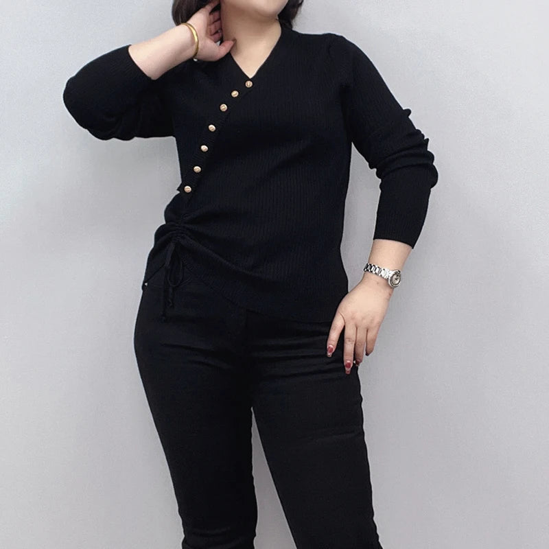 Plus Size Women's Long Sleeve Button Sweater