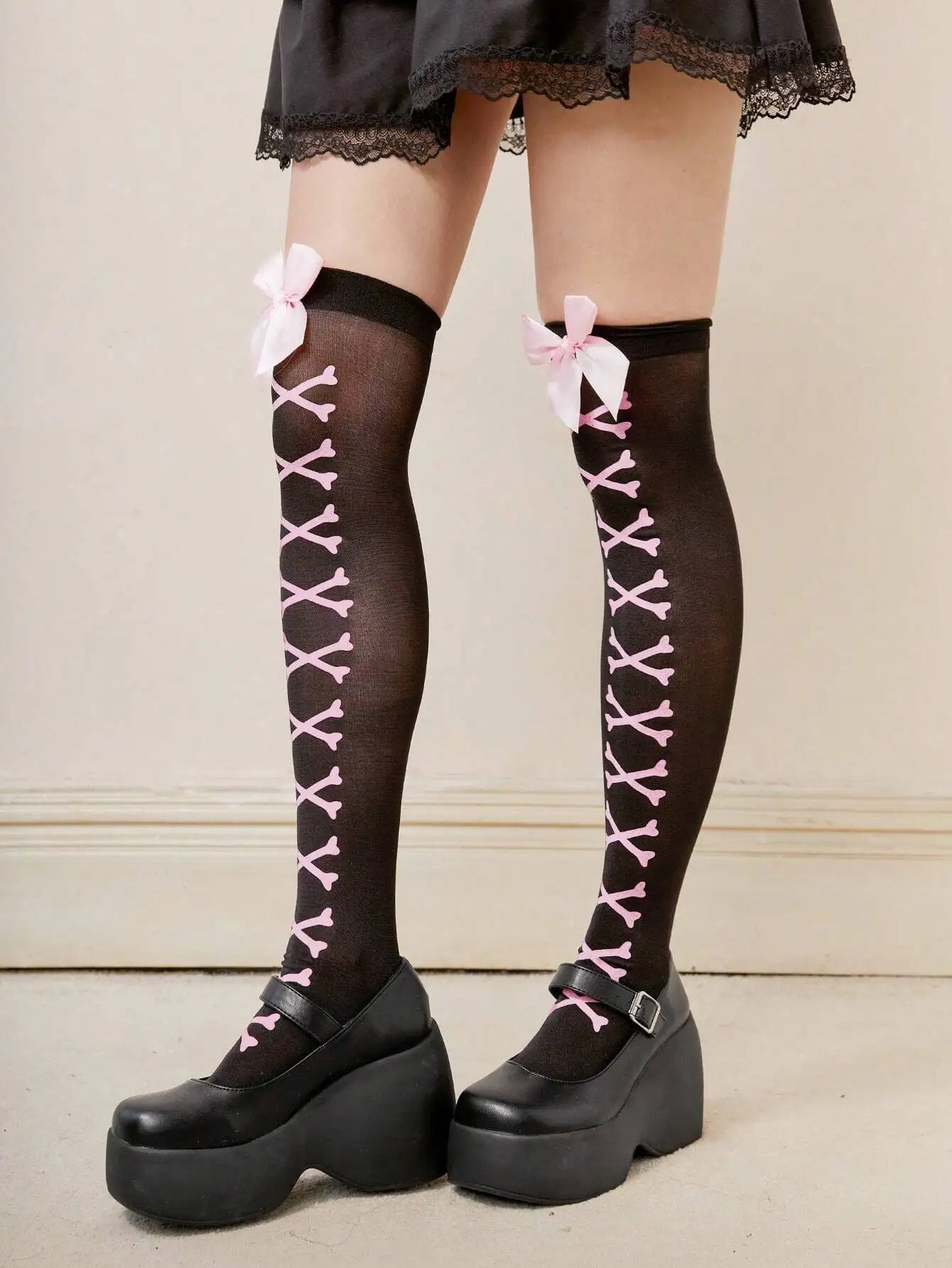Black Pink Bone Over-the-Knee Socks with Bows