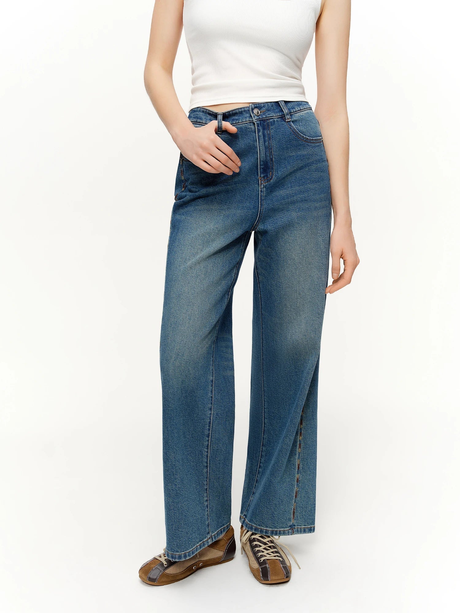 DUSHU 2026 Spring Women's Color Block Embroidered Straight Leg Jeans with Two Length Feature, Mix Match Patchwork Denim Pants Loran