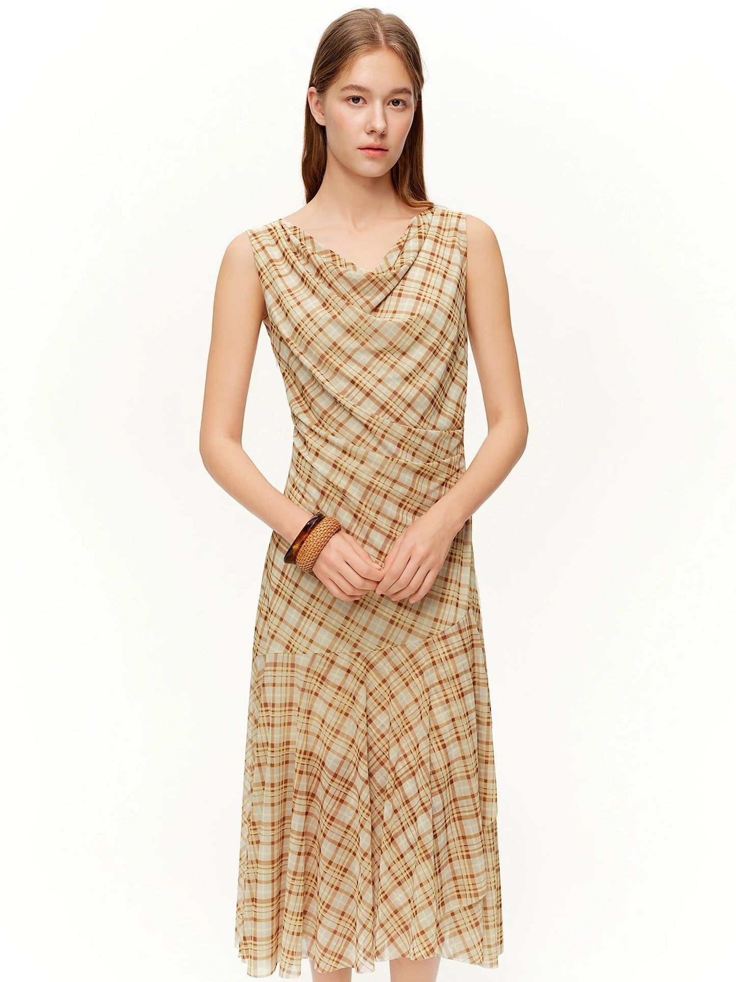 Brown Retro Plaid Mesh Maxi Dress Romantic Style Loran