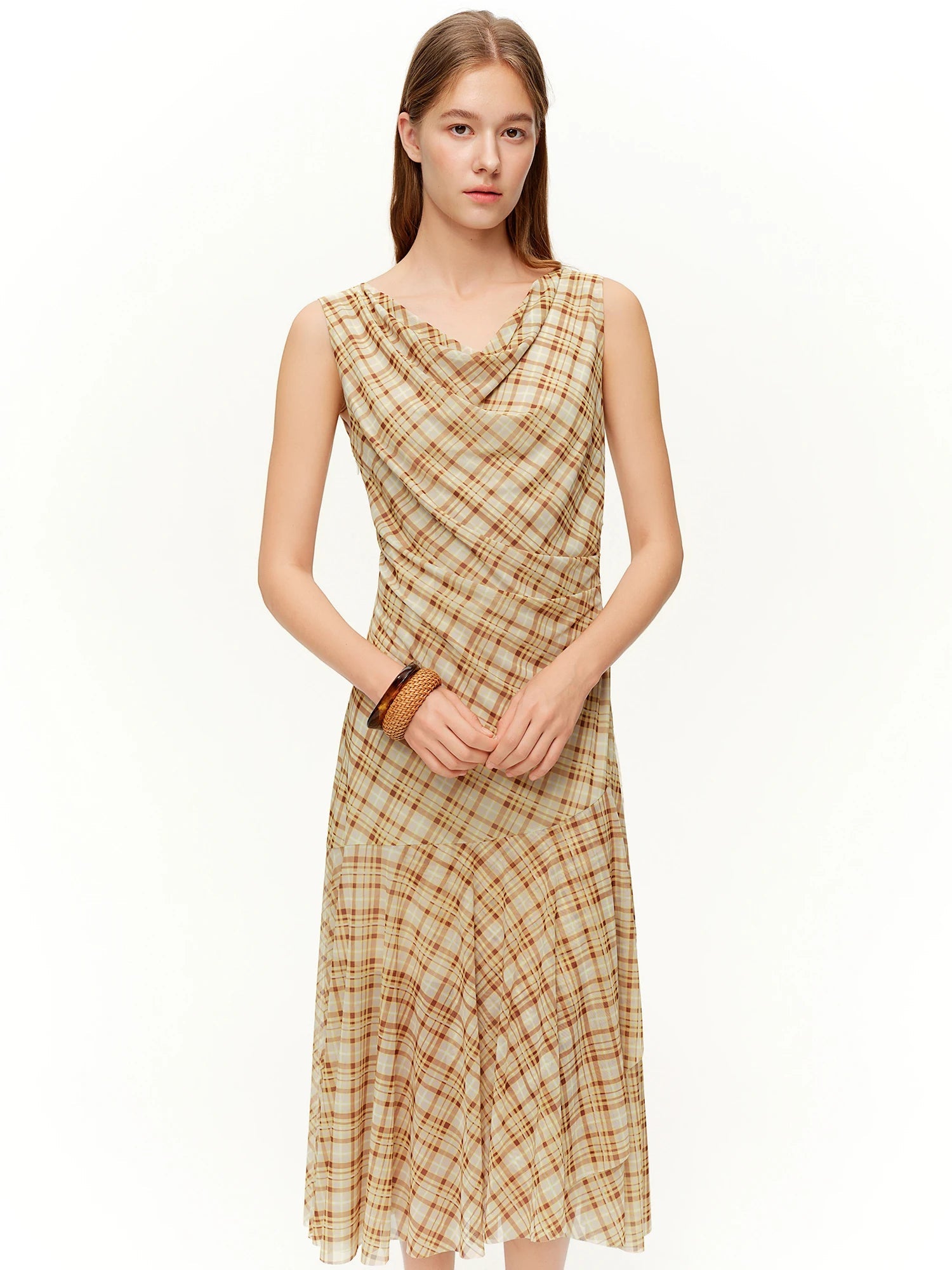Brown Retro Plaid Mesh Maxi Dress Romantic Style Loran