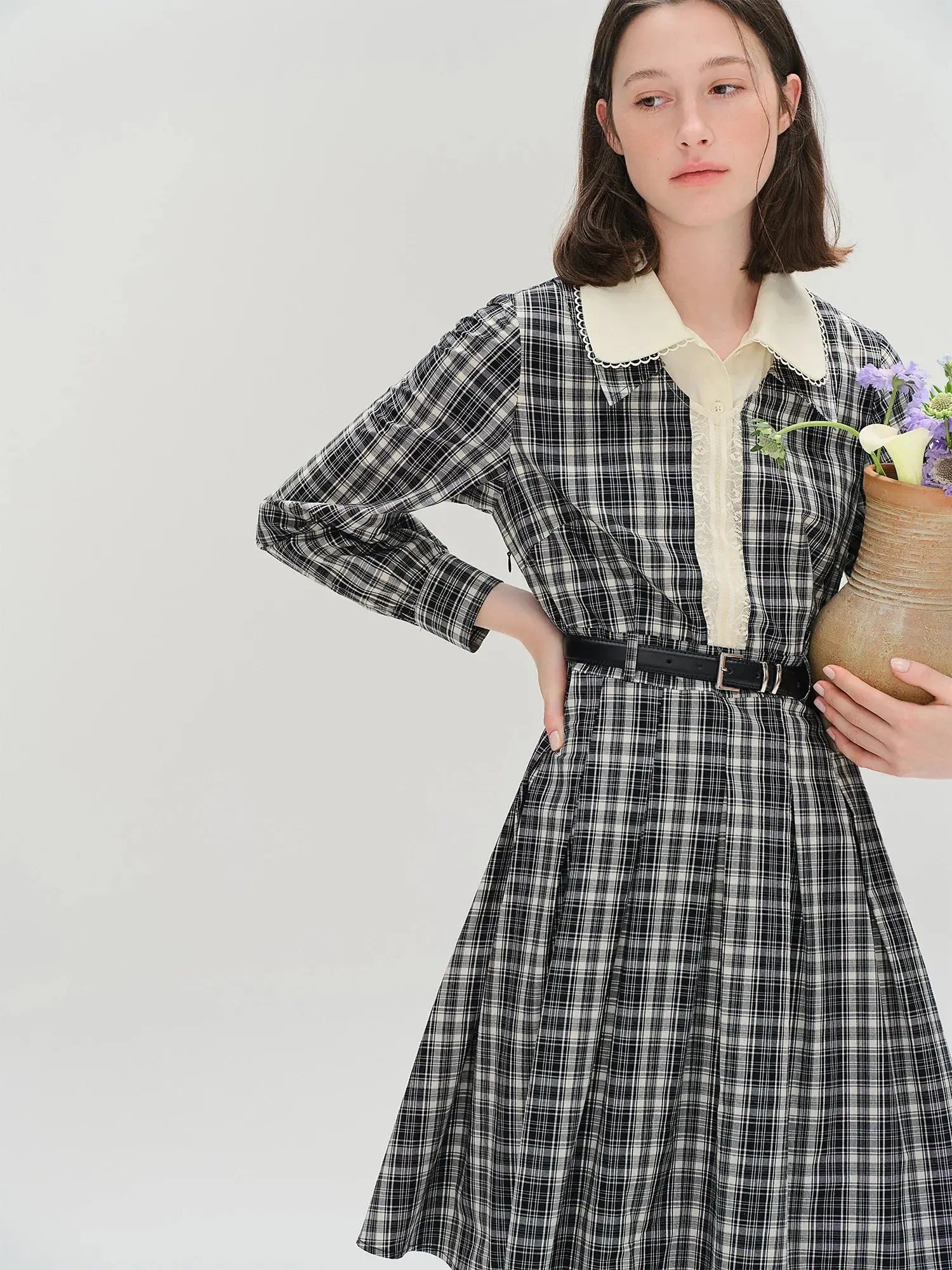 Vintage Plaid Lace-Collar Dress - Loran