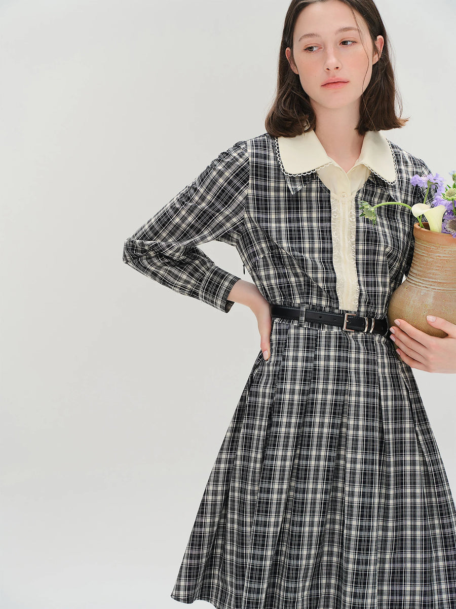 Vintage Plaid Lace-Collar Dress