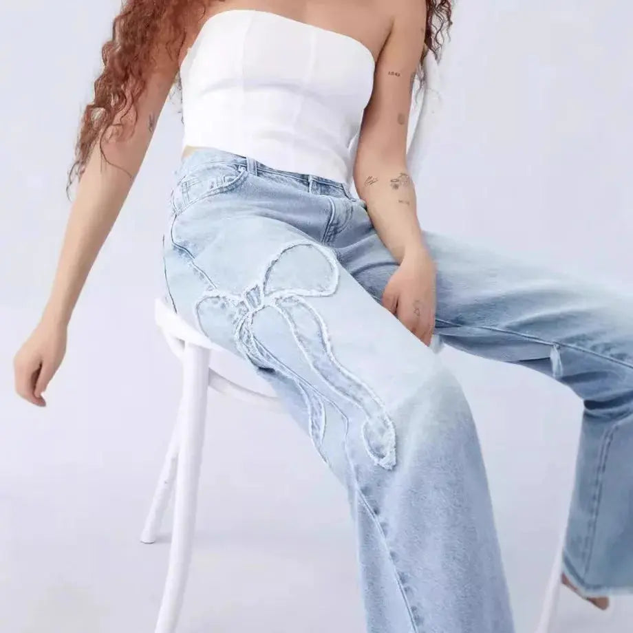 Vintage Wide-Leg Denim with Bow Embroidery - Loran
