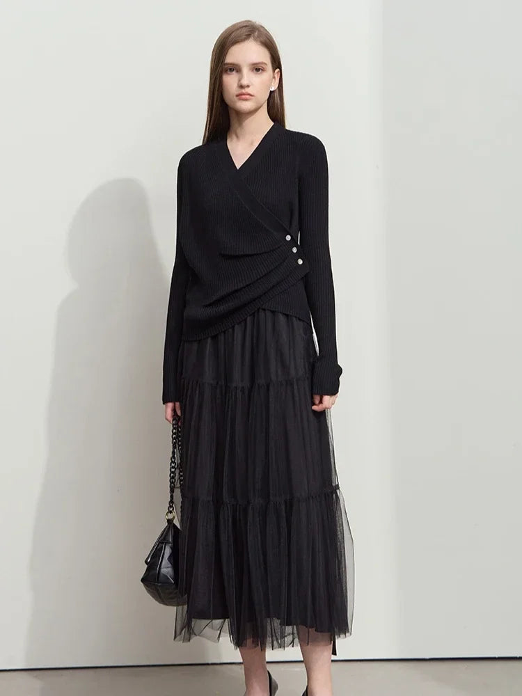 Women's V-Neck Knitted Sweater with Shell Buckle Detail