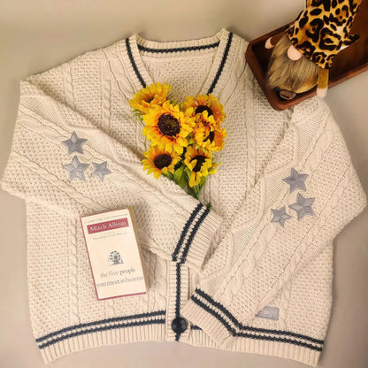 Vintage Star-Embroidered Oversized Cardigan Sweater - Loran