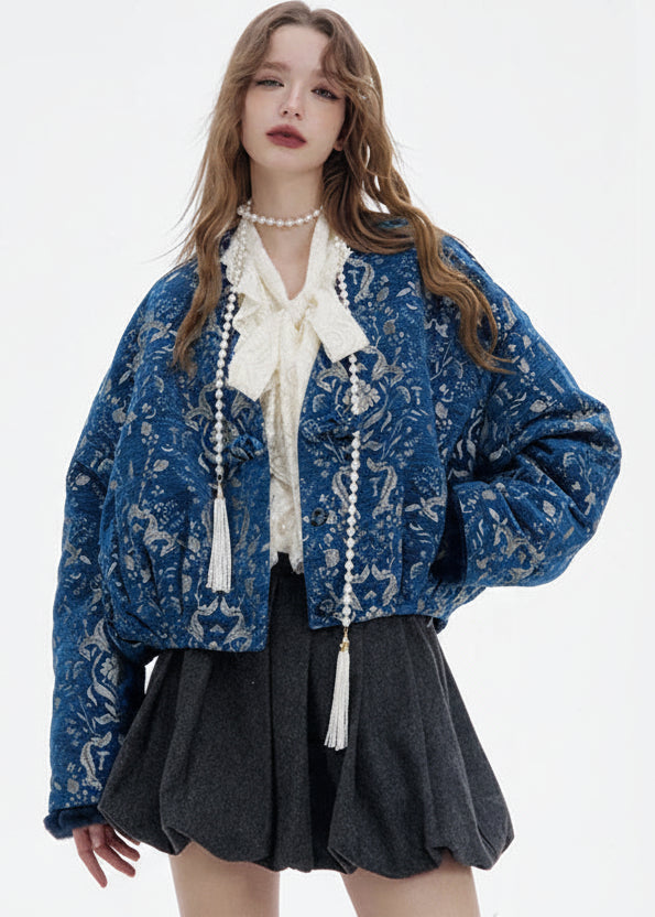 Women’s Retro Gothic Winter Coat Blue Silver Embroidery