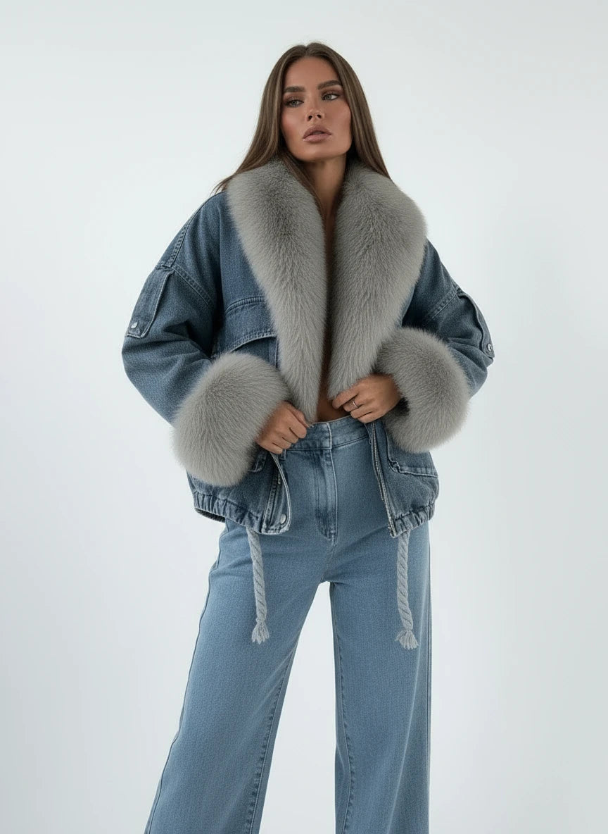 Person wearing a denim jacket with fur trim, sitting on a bed.