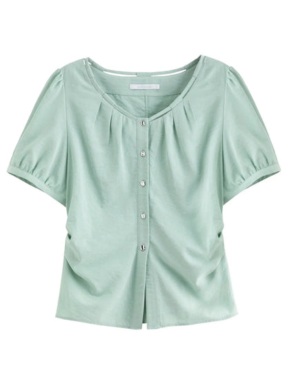 Pleated Short-Sleeve Shirt + Slim Skirt for Summer. - Loran