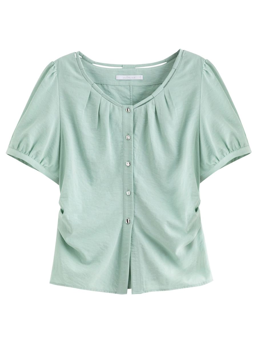 Pleated Short-Sleeve Shirt + Slim Skirt for Summer.