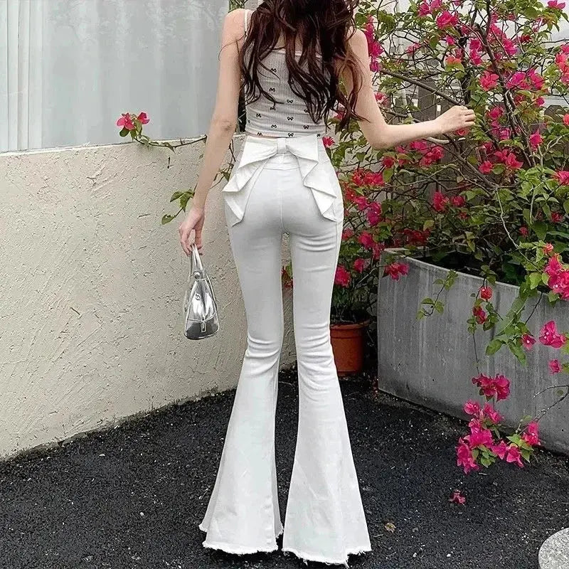 High-Waist Denim Flares with Bow Detail - Loran