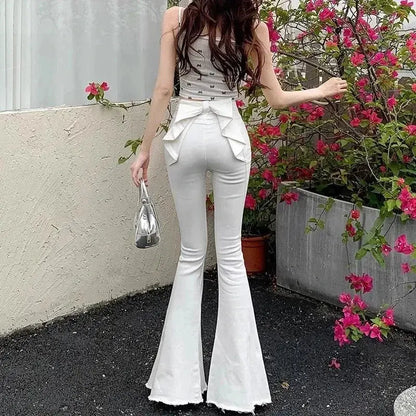 High-Waist Denim Flares with Bow Detail - Loran