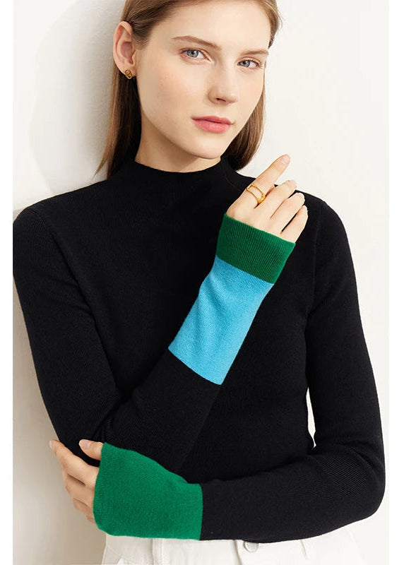 AMII Minimalist 2025 Winter New Sweaters for Women Office Lady Basics Half High Collar Color Contrast Slim Pullovers 12324067 Loran