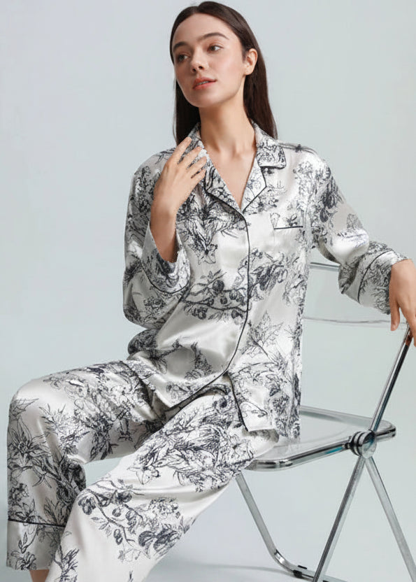 FIMTAIRAH 6A 19MM  Printed Floral  Home Suit   Real Silk Pajamas Set  100% Silk Pajamas For Women Female Spring Loran