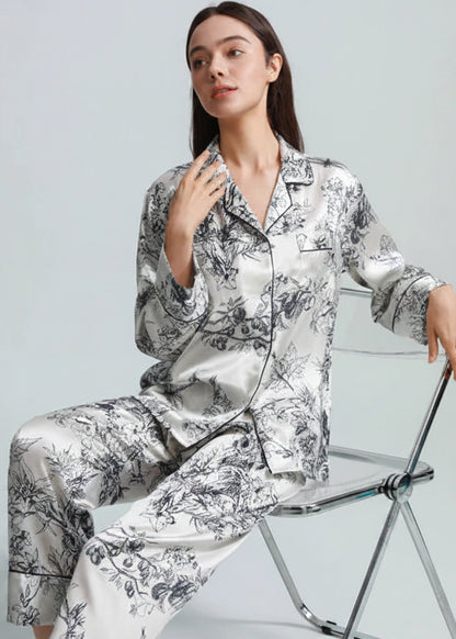 FIMTAIRAH 6A 19MM  Printed Floral  Home Suit   Real Silk Pajamas Set  100% Silk Pajamas For Women Female Spring Loran