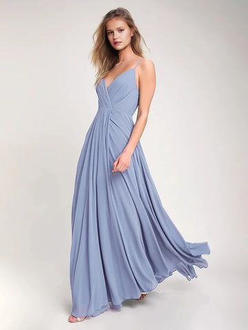 Deep V-Neck Blue Satin Floor-Length Prom Gown