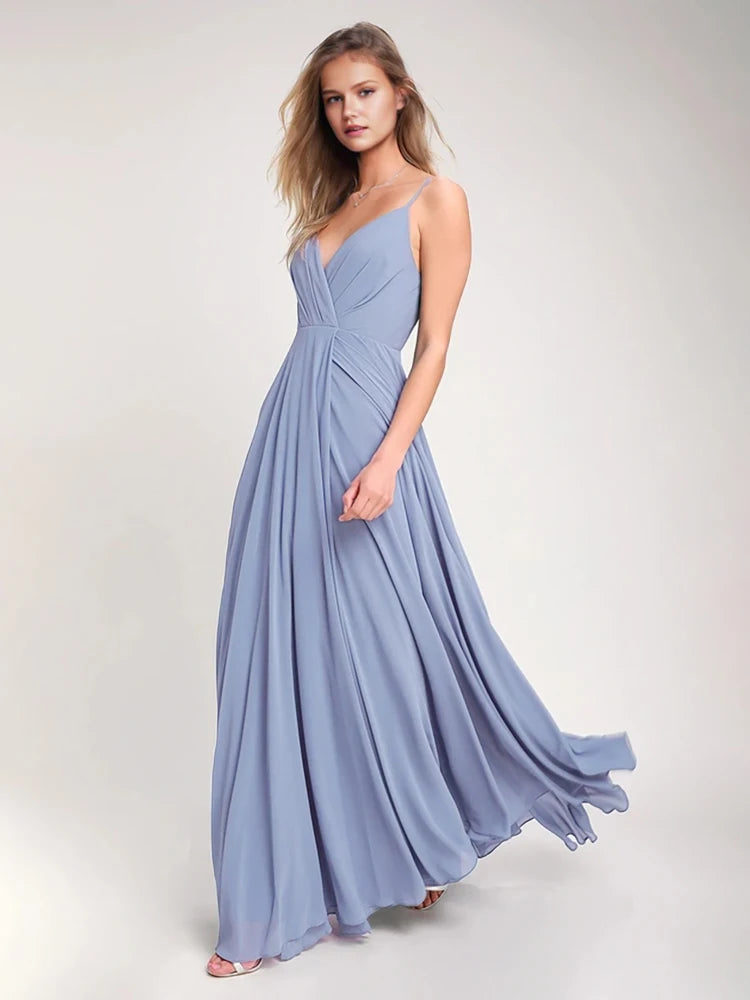 Deep V-Neck Blue Satin Floor-Length Prom Gown