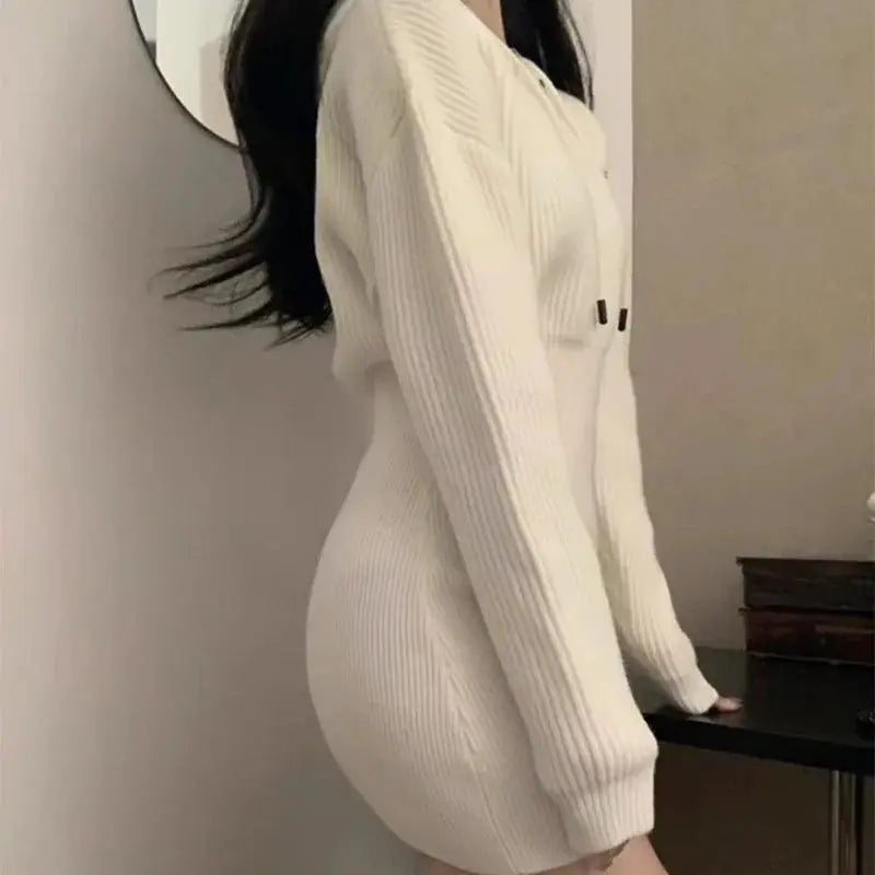 Chic High-Waist Bandage Knit Dress with Hood - Loran