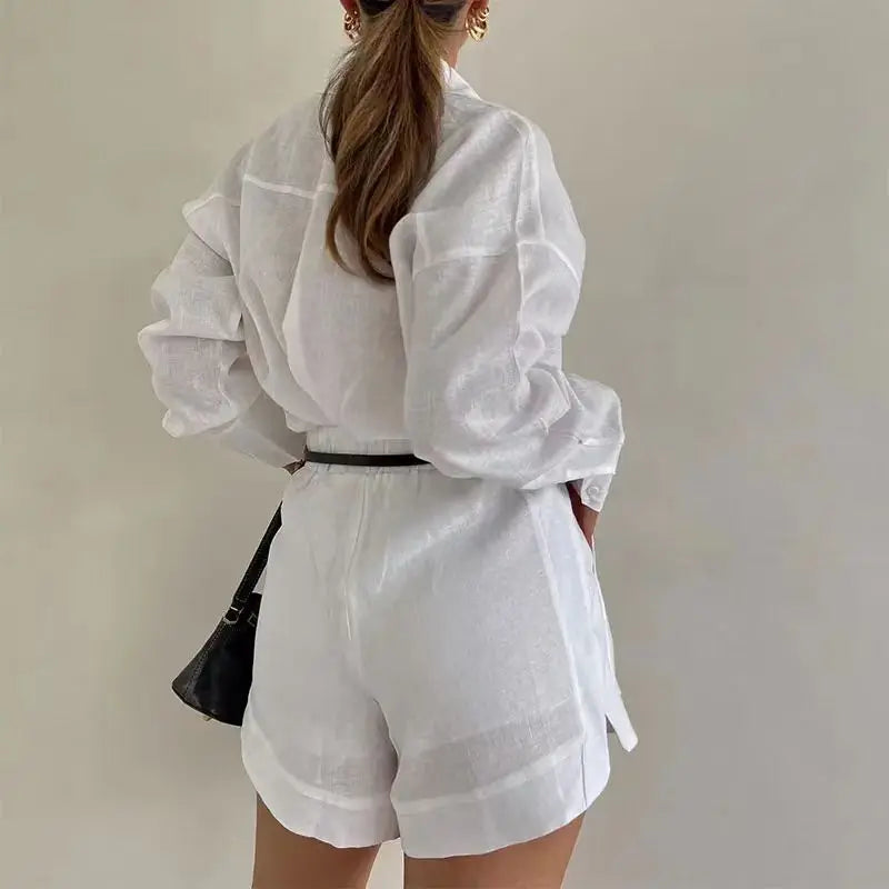 Cotton Linen Shirt & High-Waist Shorts Set Loran
