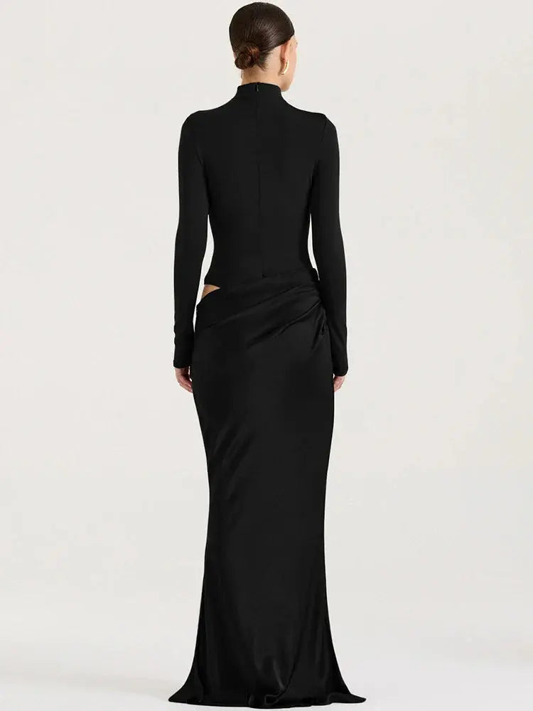 Elegant Patchwork Satin Evening Dress with Turtleneck & Zipper - Loran