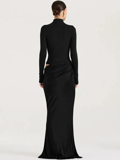 Elegant Patchwork Satin Evening Dress with Turtleneck & Zipper - Loran