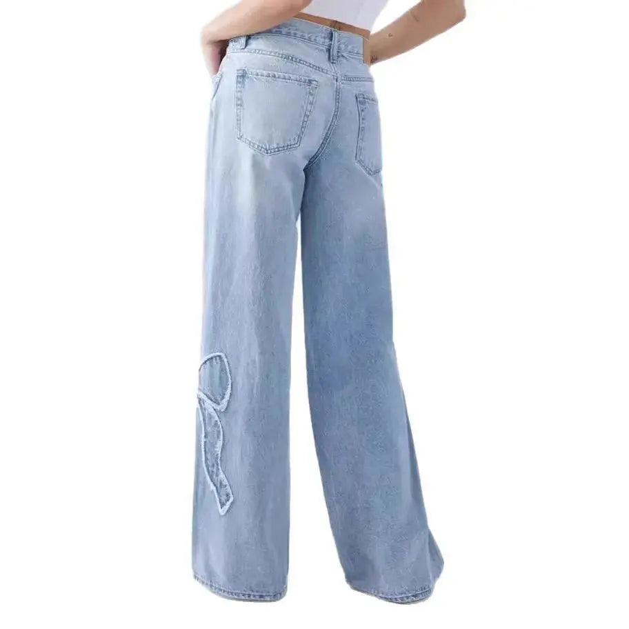 Vintage Wide-Leg Denim with Bow Embroidery - Loran