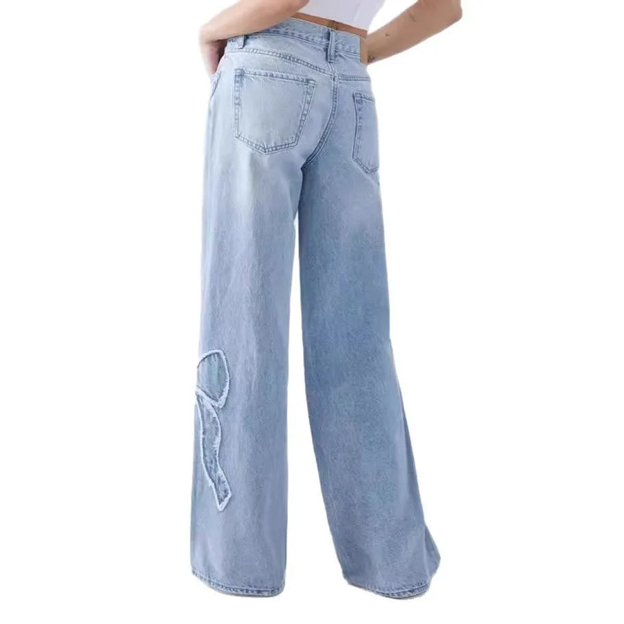 Vintage Wide-Leg Denim with Bow Embroidery