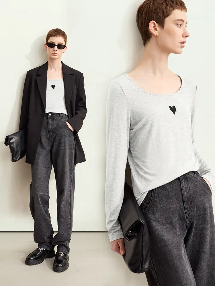 U-Neck Contrast Print Tee Long Sleeve Cotton Basic Loran