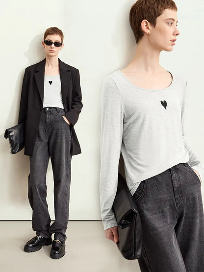 U-Neck Contrast Print Tee Long Sleeve Cotton Basic Loran