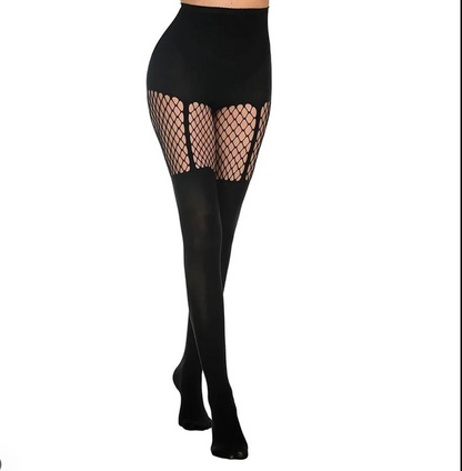 Black Fishnet Stockings & Suspenders Clubwear Tights