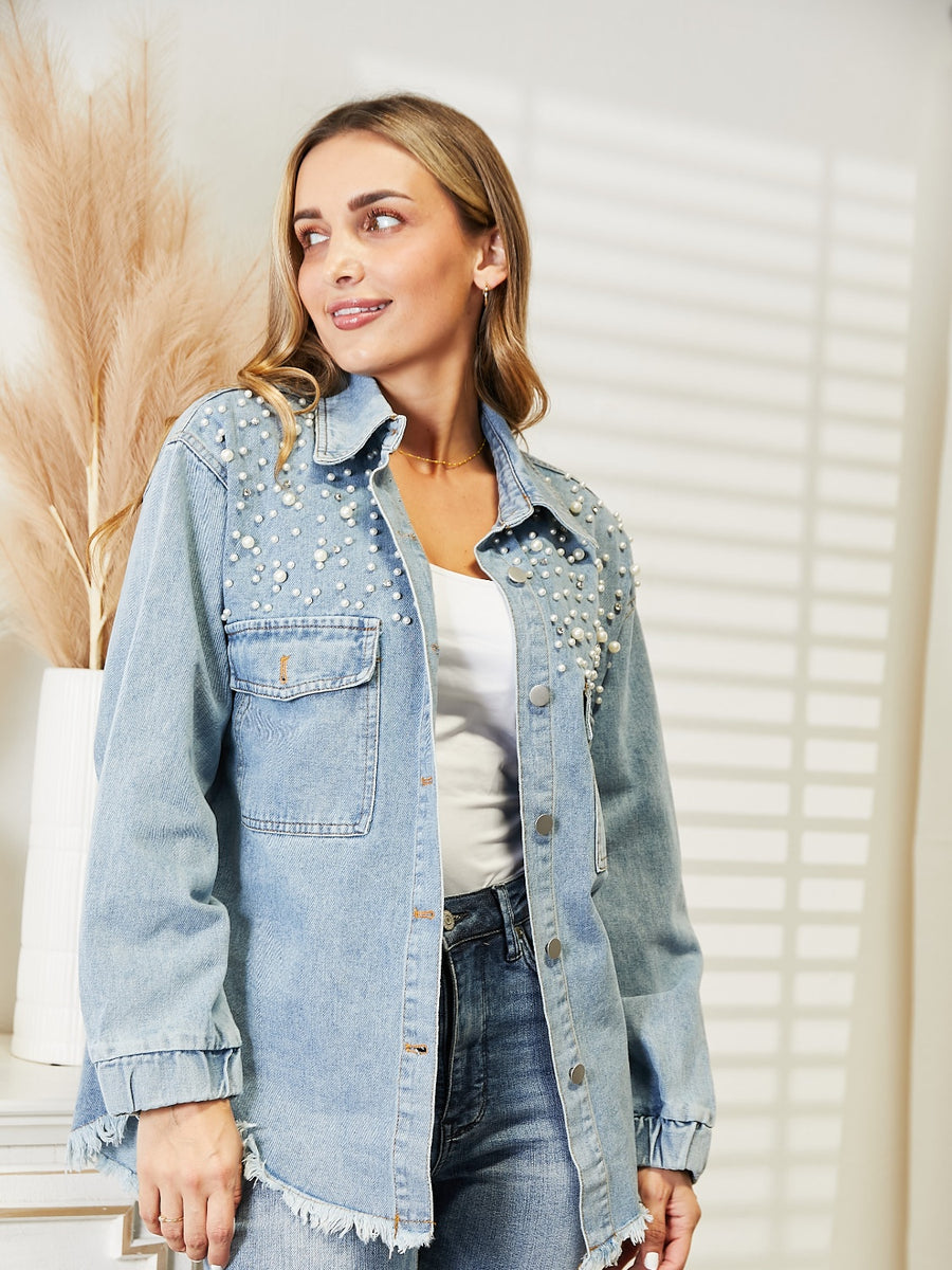 Collared Neck Raw Hem Dropped Shoulder Denim Jacket - 3IN SMART Shop  #