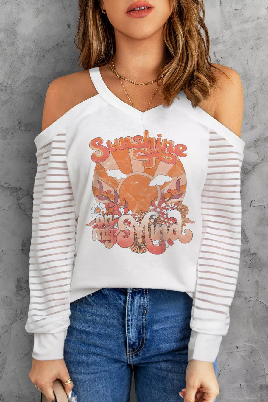 Cold Shoulder SUNSHINE ON MY MIND Graphic Blouse - 3IN SMART Shop  #