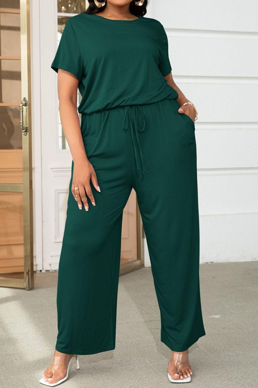 Plus Size Drawstring Waist Short Sleeve Jumpsuit - 3IN SMART Shop  #