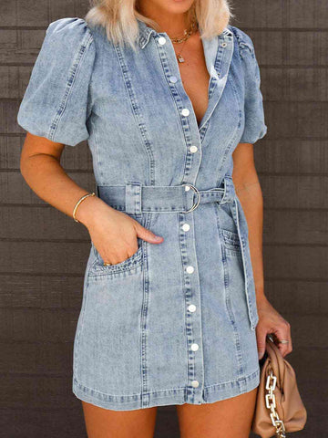 Puff Sleeve Button Up Mini Denim Dress - 3IN SMART Shop  #