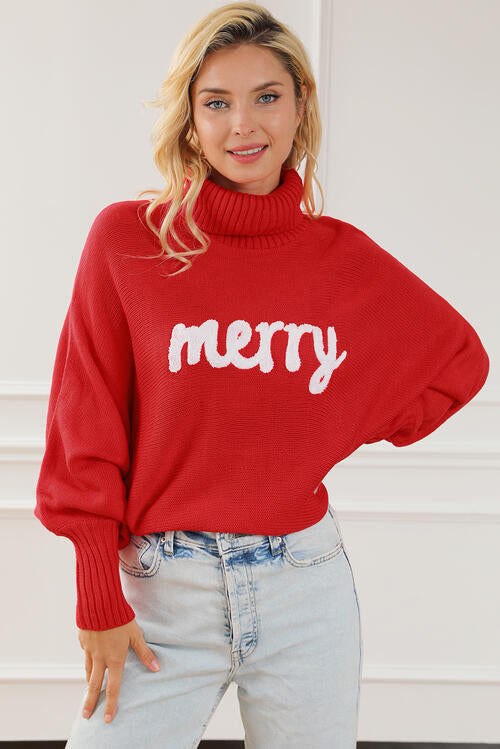 Merry Letter Embroidered High Neck Sweater - 3IN SMART Shop  #