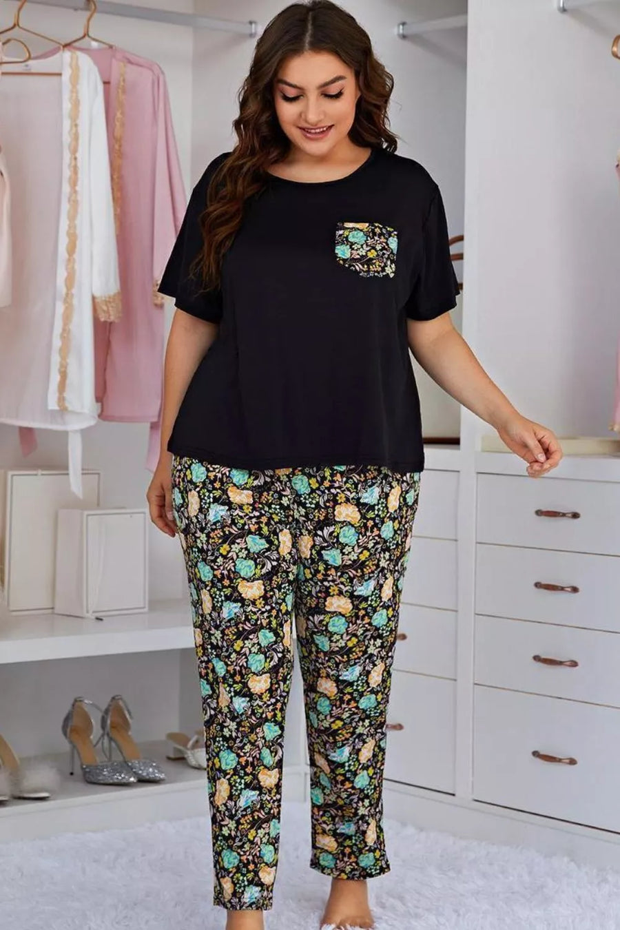 Plus Size Floral Pants Lounge Set - 3IN SMART Shop  #